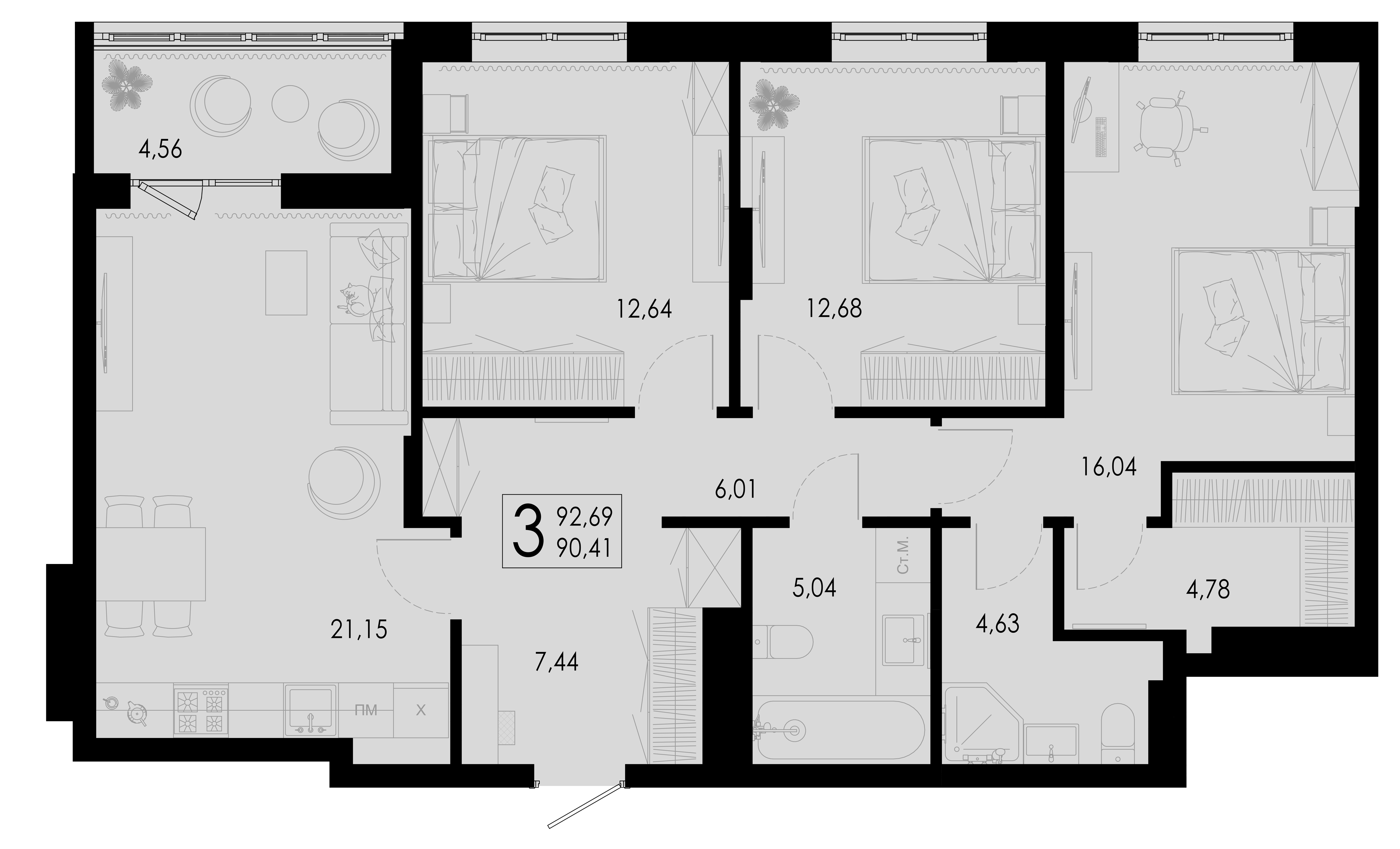 Планировка 3-комнатной квартиры №84, 92.69 м², дом Дом 4, ЖК «Цветной бульвар»