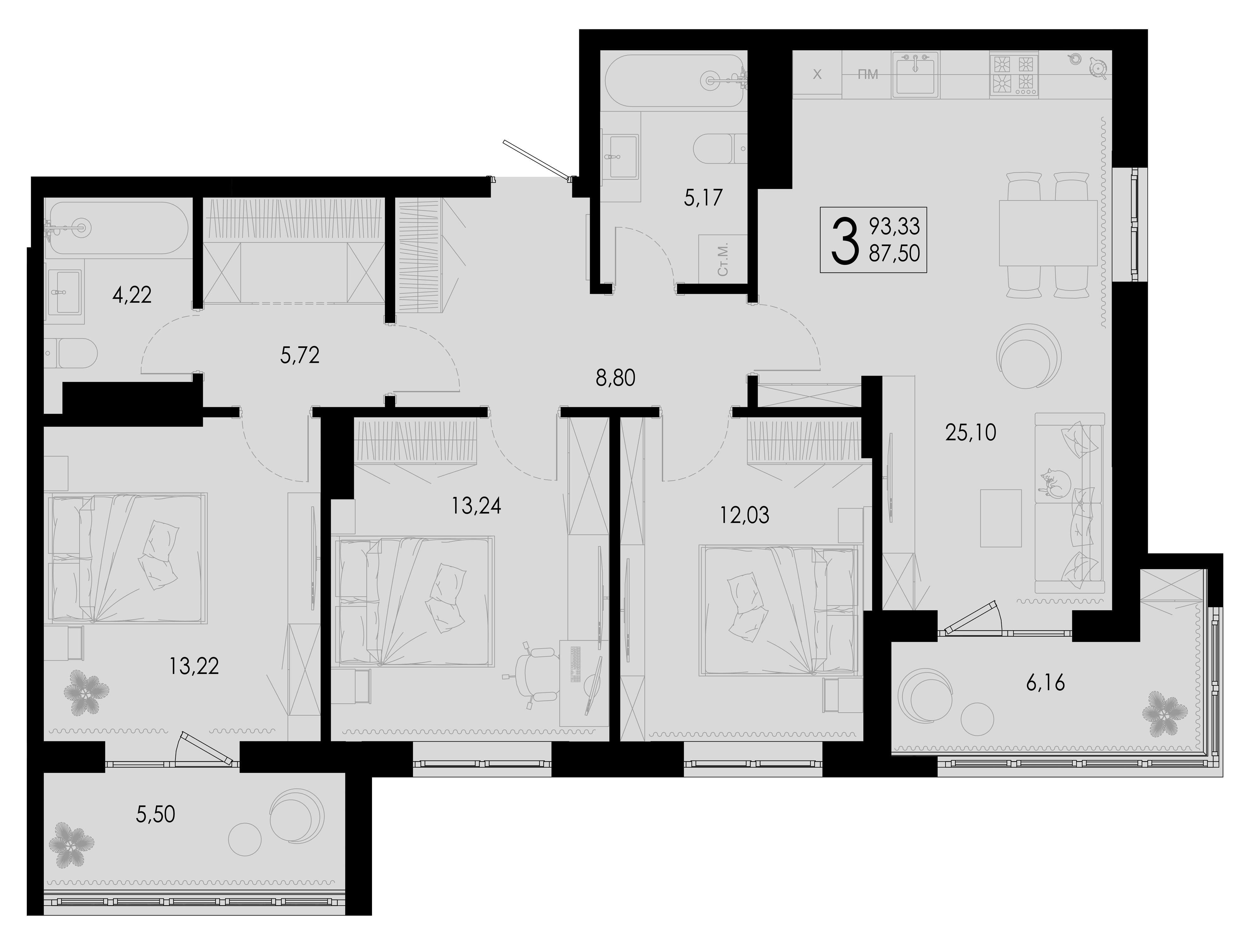 Планировка 3-комнатной квартиры №157, 93.33 м², дом Дом 4, ЖК «Цветной бульвар»