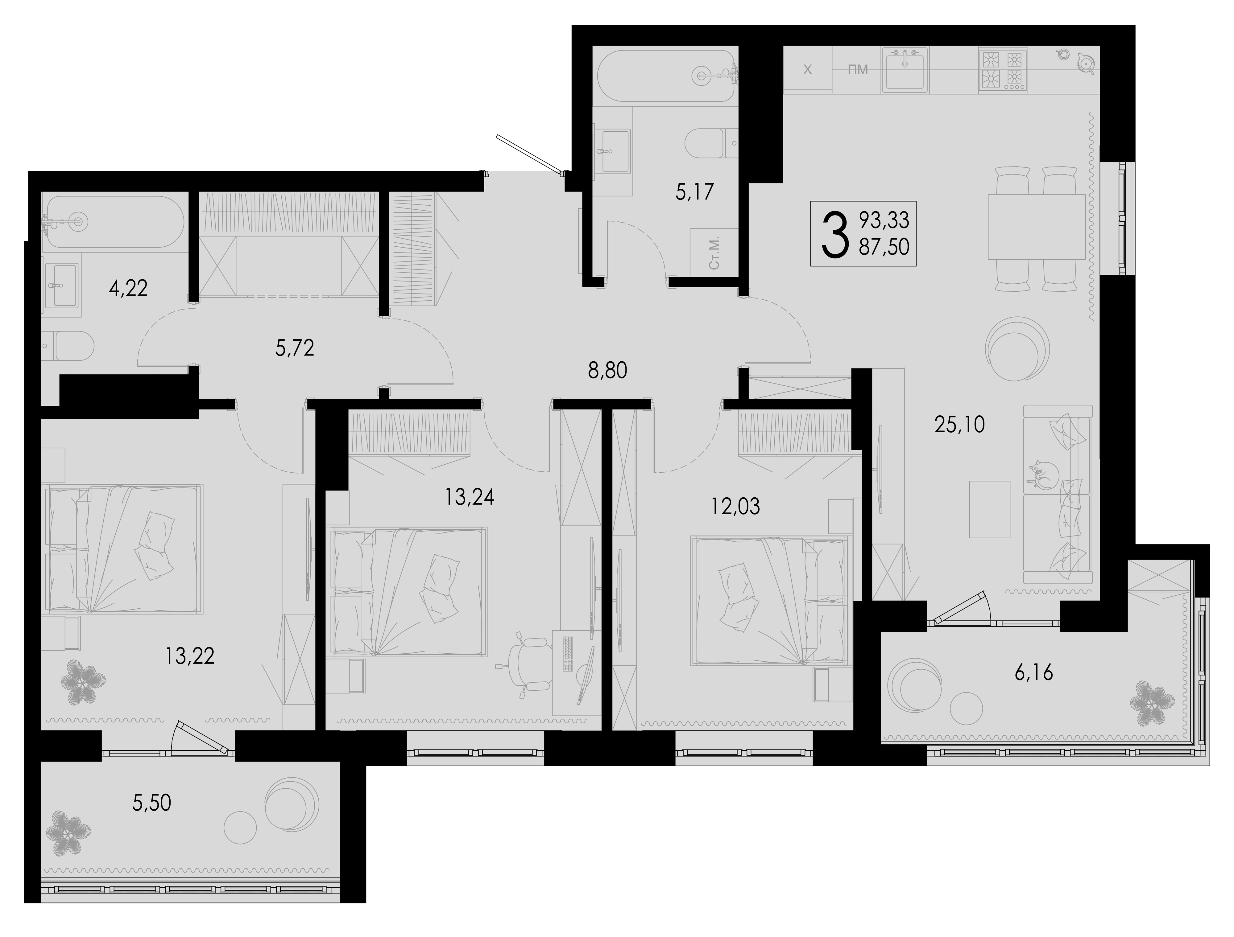 Планировка 3-комнатной квартиры №163, 93.33 м², дом Дом 4, ЖК «Цветной бульвар»