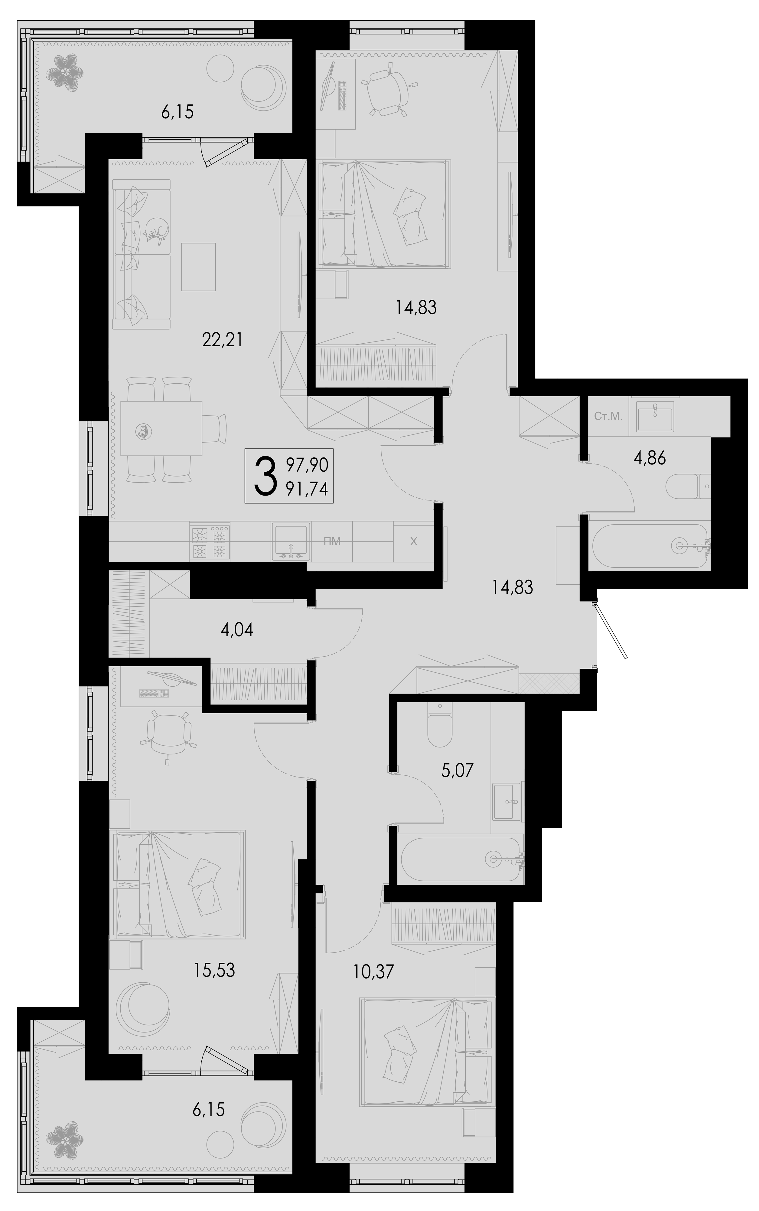 Планировка 3-комнатной квартиры №76, 97.9 м², дом Дом 4, ЖК «Цветной бульвар»